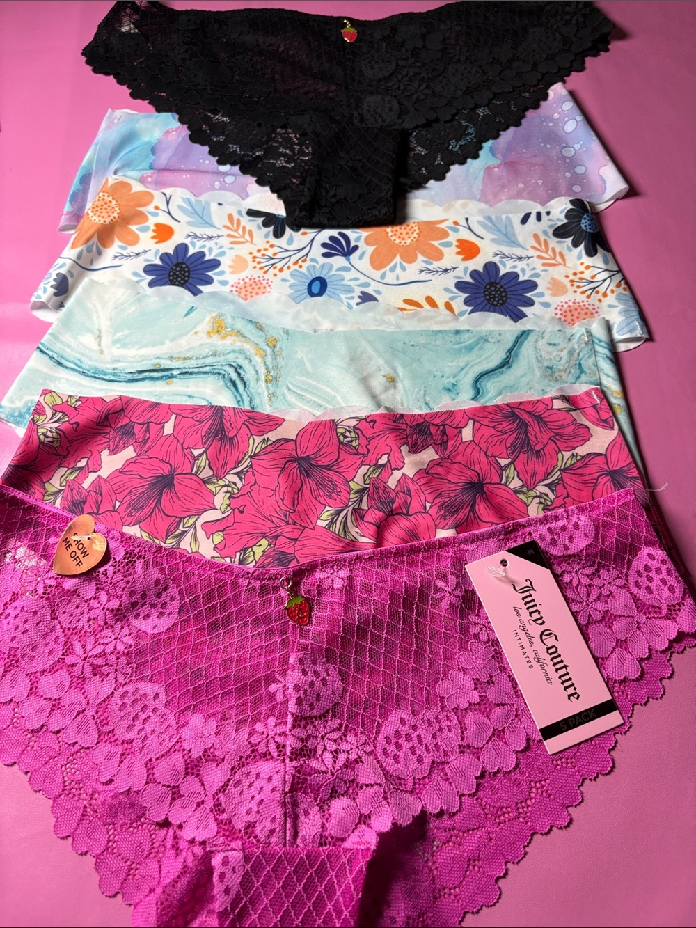 Juicy Couture Floral & Lace Bikini Panty Set - Black, Pink, Aqua, Multi